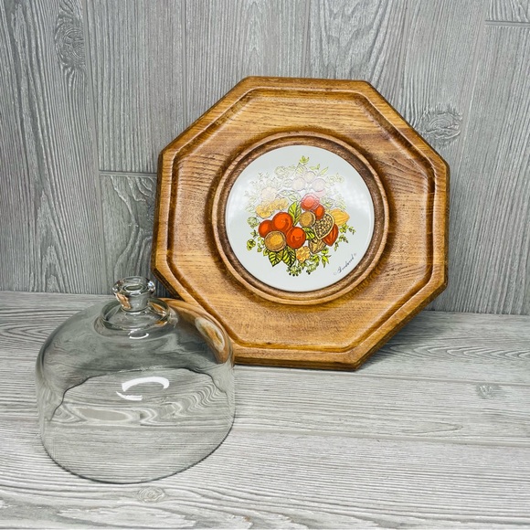 Vintage Goodwood teak / ceramic cheese & cracker tray with glass dome cloche - Picture 11 of 11